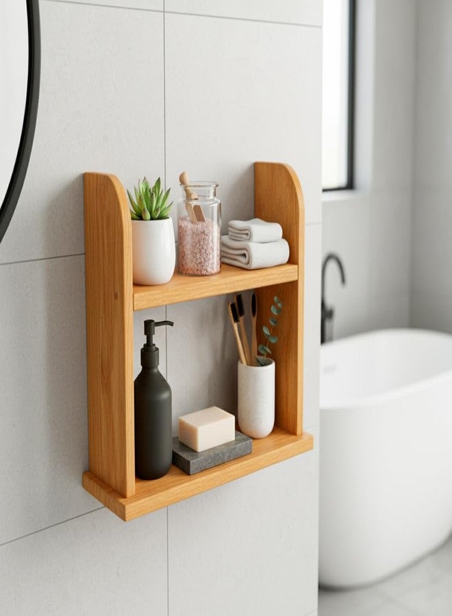 ABTRIX WITH AB Wooden 2-Tier Bathroom Organizer Shelf, Wall Mount or Countertop Storage Rack, Natural Wood Finish for Vanity, Kitchen, or Spice Organization - Image 1